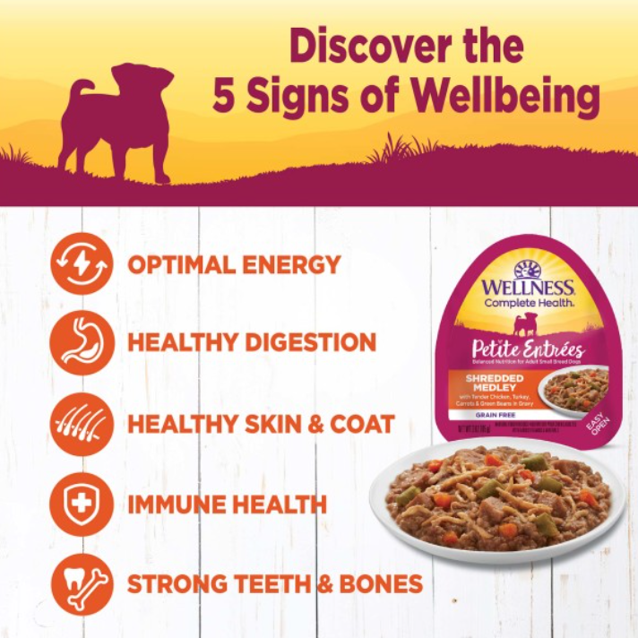 Wellness Small Breed Natural Petite Entrees Shredded Medley with Tender Chicken, Turkey, Carrots and Green Beans Dog Food Tray